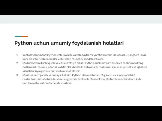 Python uchun umumiy foydalanish holatlari Web development: Python veb-ilovalar va