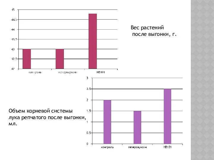 Объем корневой системы лука репчатого после выгонки, мл. Вес растений после выгонки, г.