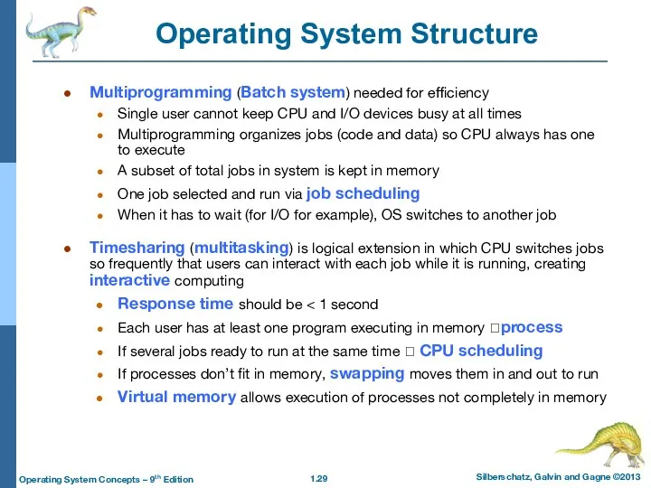 Operating System Structure Multiprogramming (Batch system) needed for efficiency Single