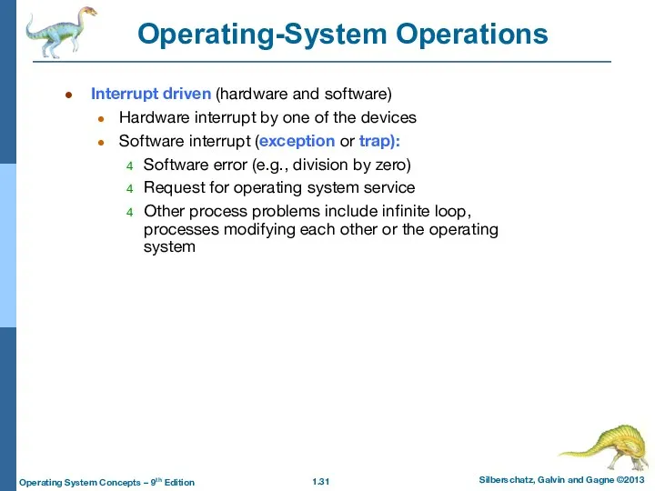 Operating-System Operations Interrupt driven (hardware and software) Hardware interrupt by
