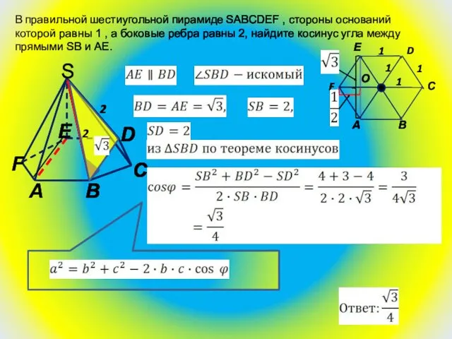 В правильной шестиугольной пирамиде SABCDEF , стороны оснований которой равны 1 , а