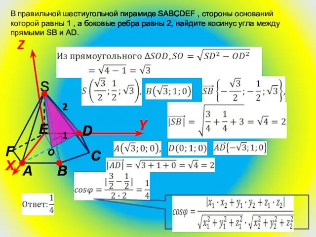 В правильной шестиугольной пирамиде SABCDEF , стороны оснований которой равны 1 , а