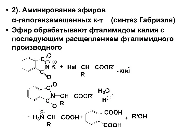 2). Аминирование эфиров α-галогензамещенных к-т (синтез Габриэля) Эфир обрабатывают фталимидом калия с последующим расщеплением фталимидного производного