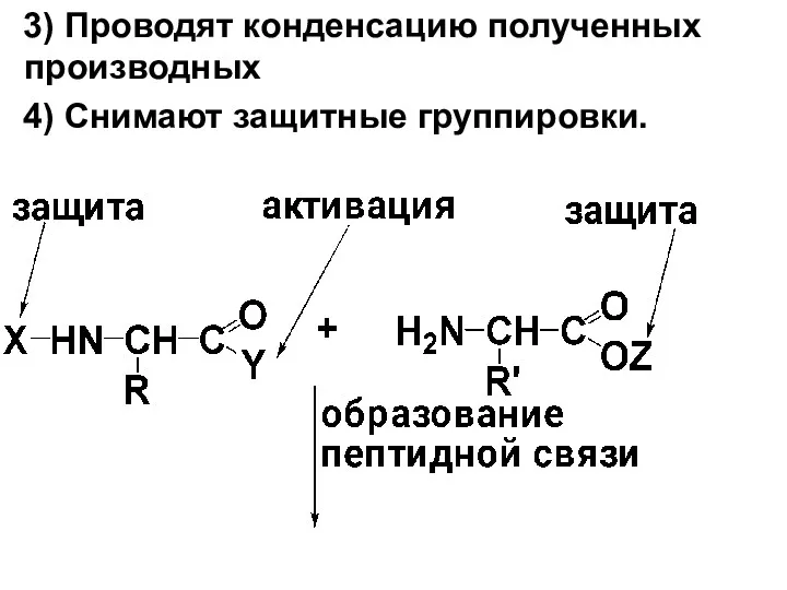 3) Проводят конденсацию полученных производных 4) Снимают защитные группировки.