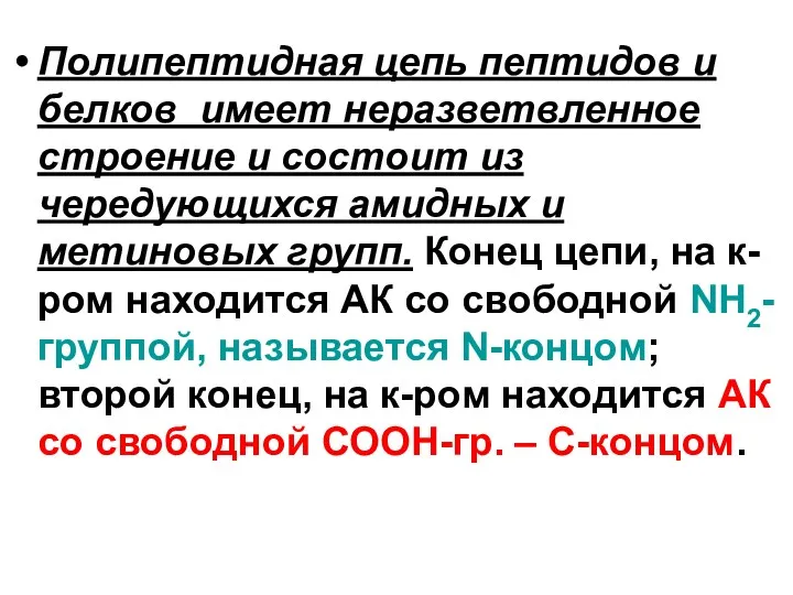 Полипептидная цепь пептидов и белков имеет неразветвленное строение и состоит