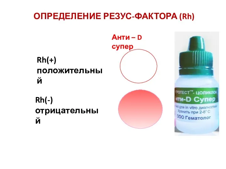 Анти – D супер Rh(+) положительный Rh(-) отрицательный ОПРЕДЕЛЕНИЕ РЕЗУС-ФАКТОРА (Rh)