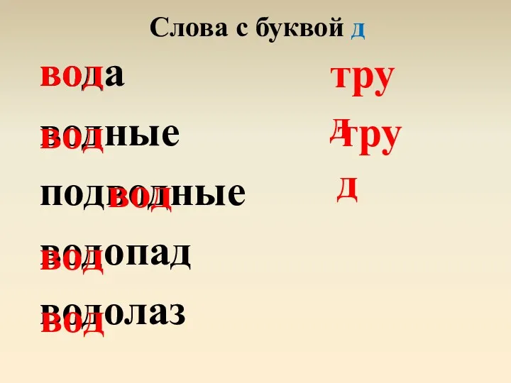 вода водные подводные водопад водолаз труд трудна Слова с буквой