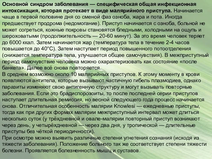 Основной синдром заболевания — специфическая общая инфекционная интоксикация, которая протекает