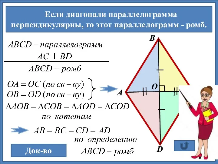 Если диагонали параллелограмма перпендикулярны, то этот параллелограмм - ромб. Док-во А В С D