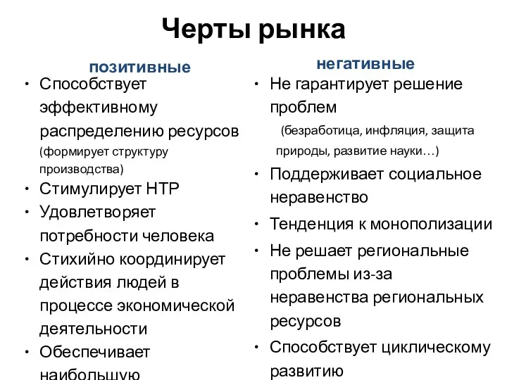 Черты рынка позитивные Не гарантирует решение проблем (безработица, инфляция, защита