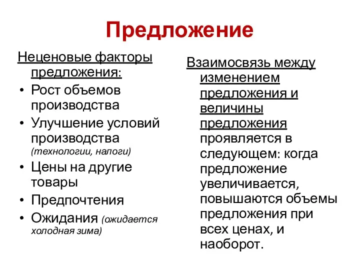 Предложение Неценовые факторы предложения: Рост объемов производства Улучшение условий производства