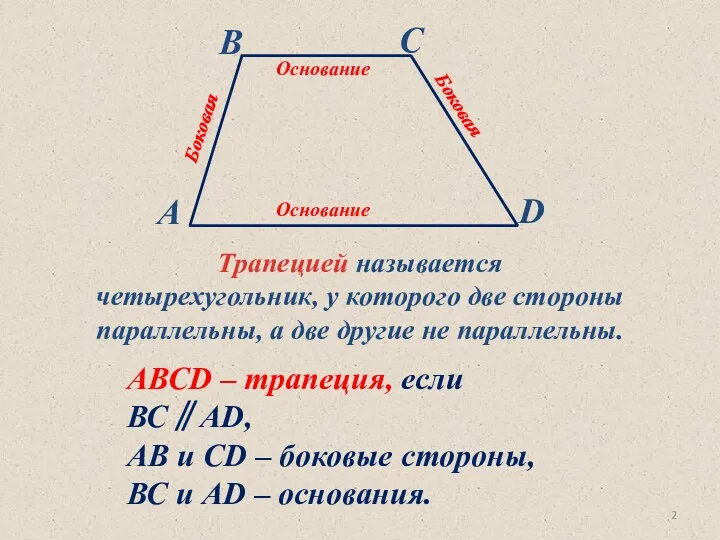 Трапецией называется четырехугольник, у которого две стороны параллельны, а две