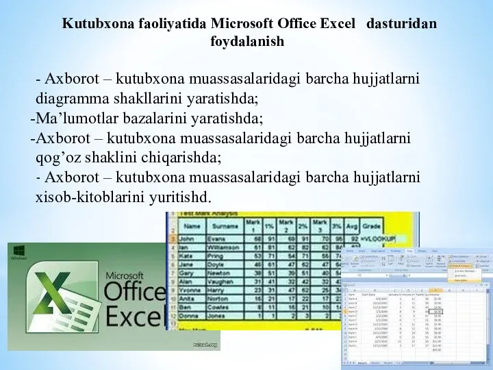 Kutubxona faoliyatida Microsoft Office Excel dasturidan foydalanish - Axborot –