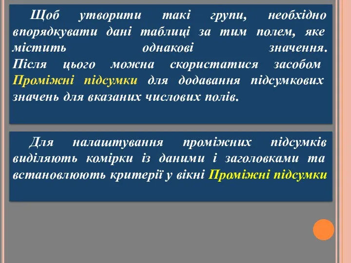 Щоб утворити такі групи, необхідно впорядкувати дані таблиці за тим