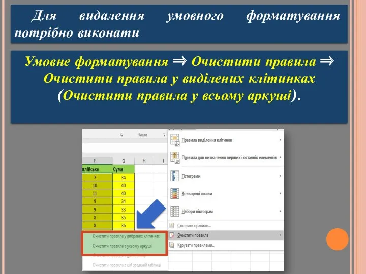 Для видалення умовного форматування потрібно виконати Умовне форматування ⇒ Очистити