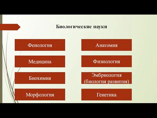 Биологические науки Фенология Медицина Биохимия Морфология Анатомия Физиология Эмбриология (биология развития) Генетика