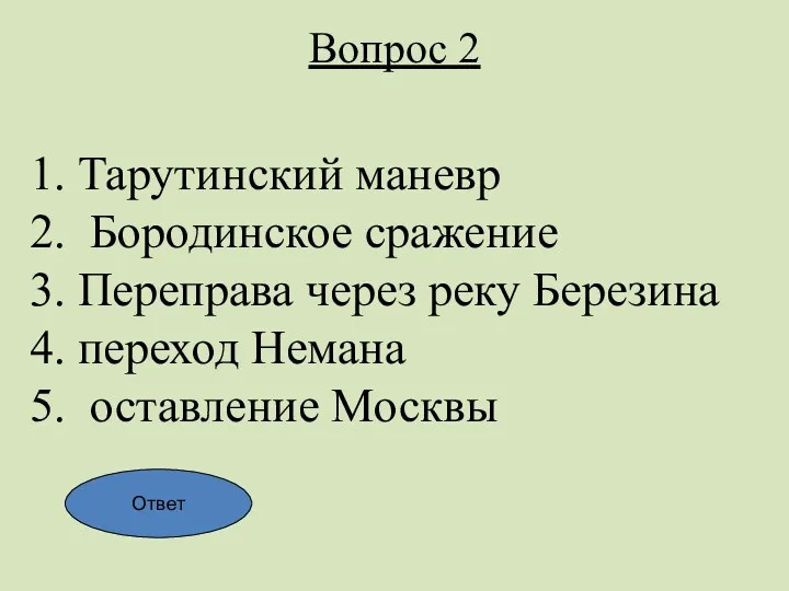 Вопрос 2 1. Тарутинский маневр 2. Бородинское сражение 3. Переправа