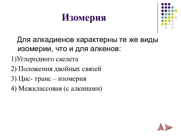 Изомерия Для алкадиенов характерны те же виды изомерии, что и