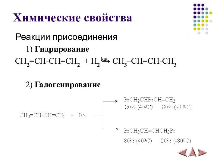 Химические свойства Реакции присоединения 1) Гидрирование CH2=CH-CH=CH2 + H2 → CH3–СH=CH-CH3 2) Галогенирование kat