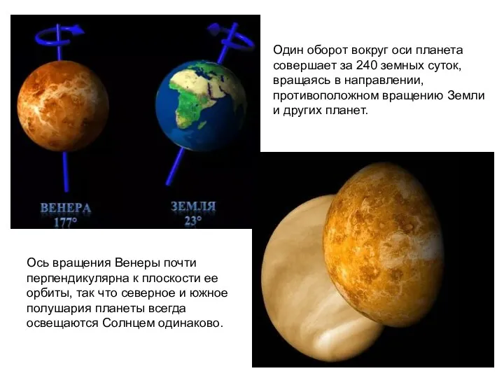 Один оборот вокруг оси планета совершает за 240 земных суток,