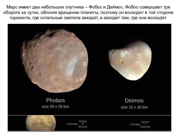 Марс имеет два небольших спутника – Фобос и Деймос. Фобос совершает три оборота