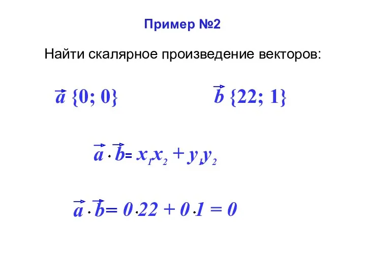 Пример №2 Найти скалярное произведение векторов: a {0; 0} b {22; 1}