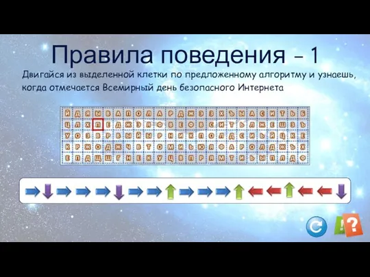 Правила поведения - 1 Двигайся из выделенной клетки по предложенному