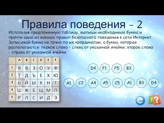 Правила поведения - 2 Используя предложенную таблицу, выпиши необходимые буквы