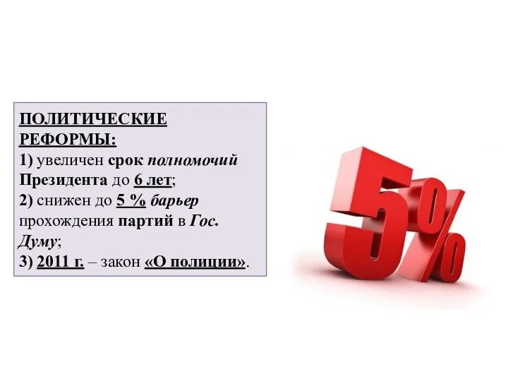 ПОЛИТИЧЕСКИЕ РЕФОРМЫ: 1) увеличен срок полномочий Президента до 6 лет;