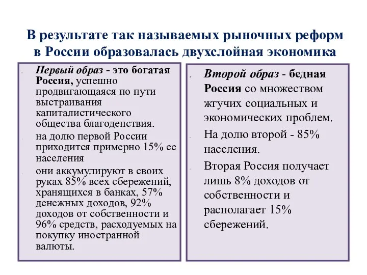 В результате так называемых рыночных реформ в России образовалась двухслойная