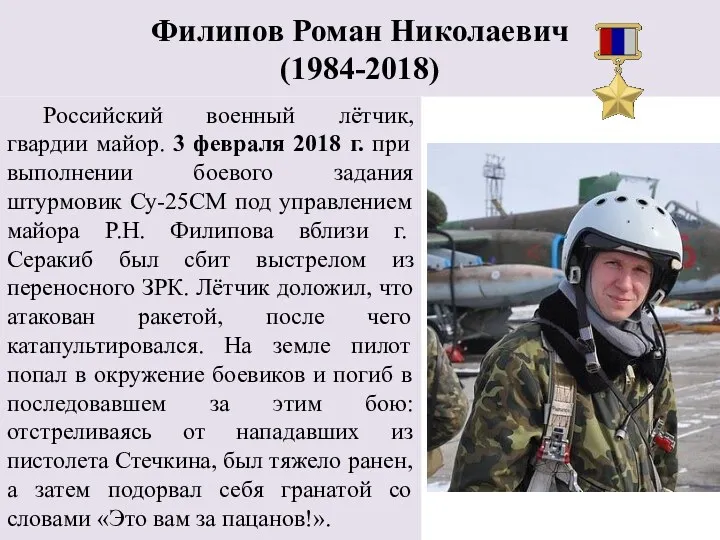 Филипов Роман Николаевич (1984-2018) Российский военный лётчик, гвардии майор. 3