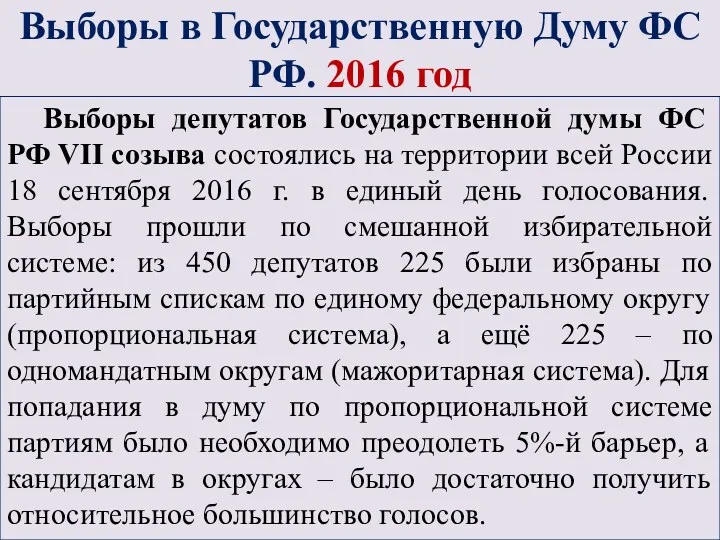 Выборы в Государственную Думу ФС РФ. 2016 год Выборы депутатов