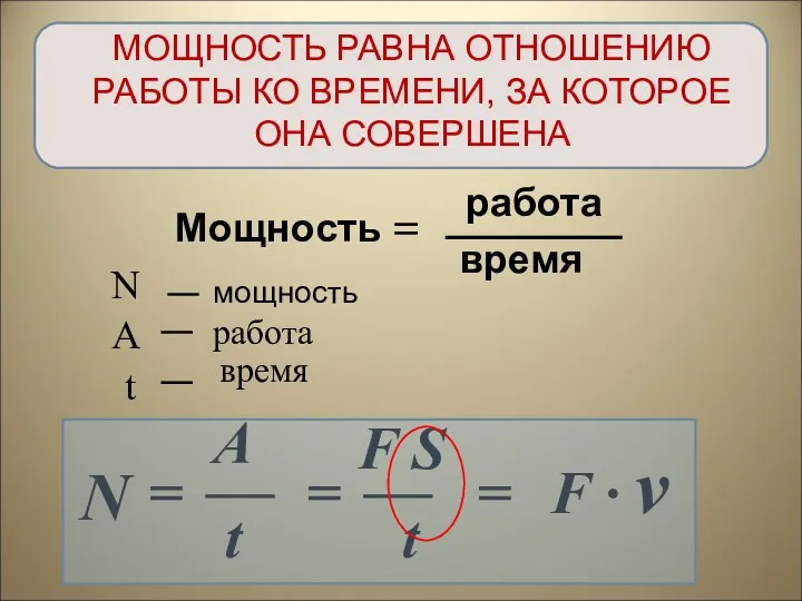 Мощность = работа время N = A t МОЩНОСТЬ РАВНА