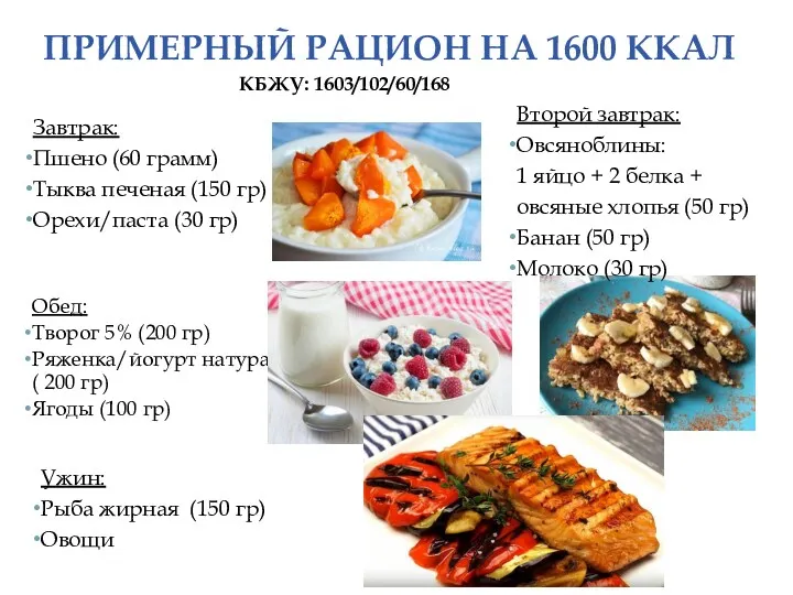 ПРИМЕРНЫЙ РАЦИОН НА 1600 ККАЛ Завтрак: Пшено (60 грамм) Тыква