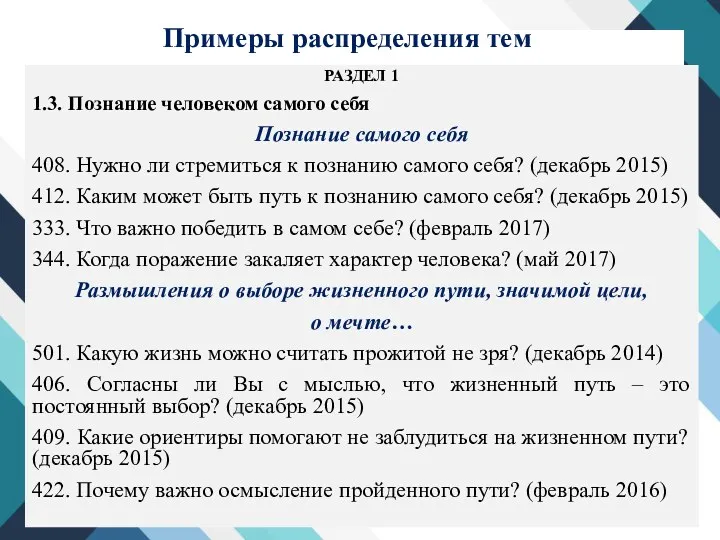 Примеры распределения тем РАЗДЕЛ 1 1.3. Познание человеком самого себя