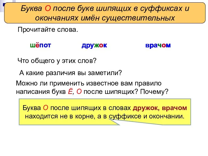 Определяем проблему урока Прочитайте слова. шёпот дружок врачом шёпот дружок