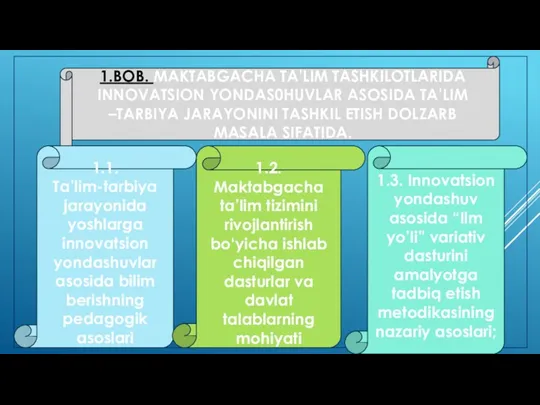 1.BOB. MAKTABGACHA TA’LIM TASHKILOTLARIDA INNOVATSION YONDAS0HUVLAR ASOSIDA TA’LIM –TARBIYA JARAYONINI