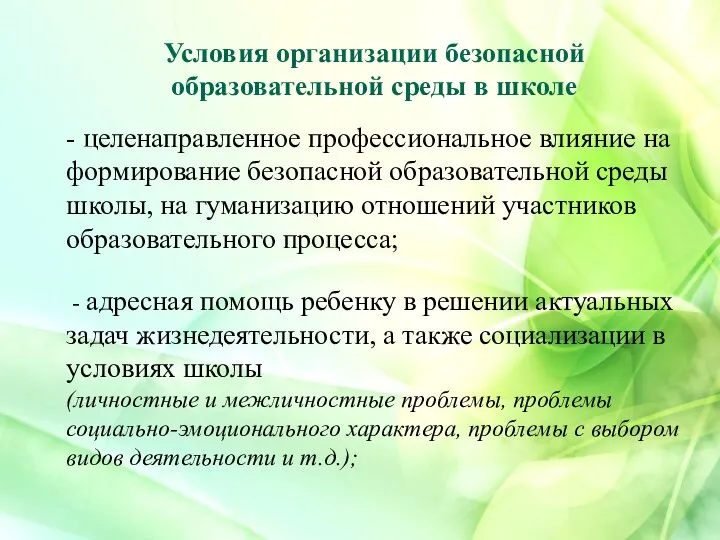 Условия организации безопасной образовательной среды в школе - целенаправленное профессиональное