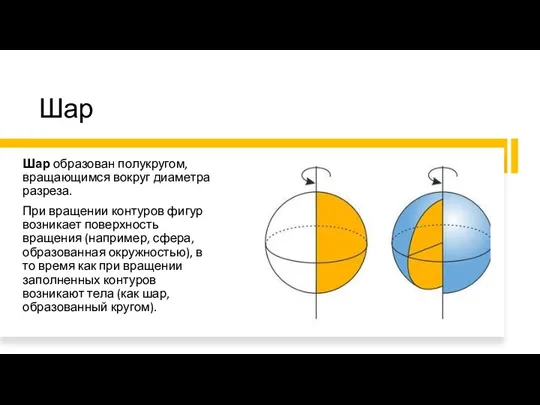 Шар Шар образован полукругом, вращающимся вокруг диаметра разреза. При вращении