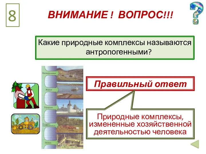 8 ВНИМАНИЕ ! ВОПРОС!!! Какие природные комплексы называются антропогенными? Правильный