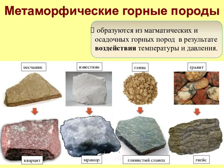 Метаморфические горные породы образуются из магматических и осадочных горных пород в результате воздействия температуры и давления.