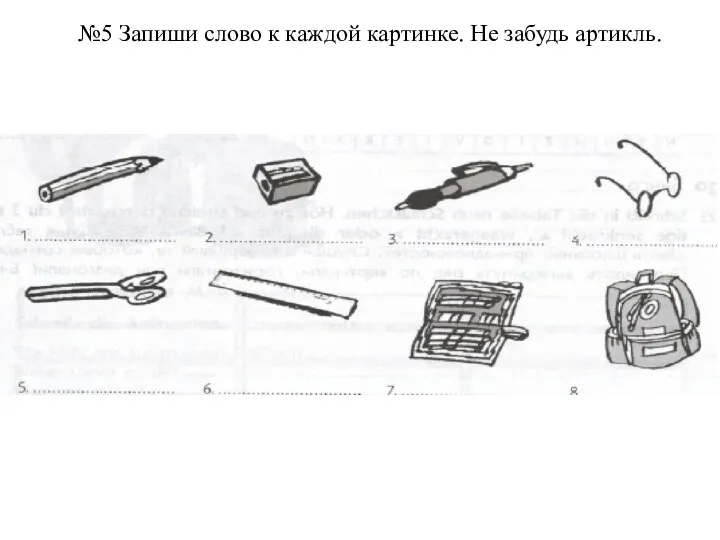 №5 Запиши слово к каждой картинке. Не забудь артикль.