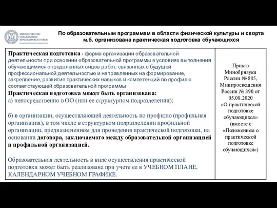 По образовательным программам в области физической культуры и спорта м.б. организована практическая подготовка обучающихся