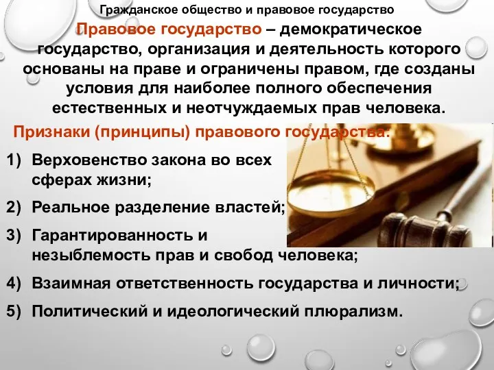 Гражданское общество и правовое государство Правовое государство – демократическое государство, организация и деятельность