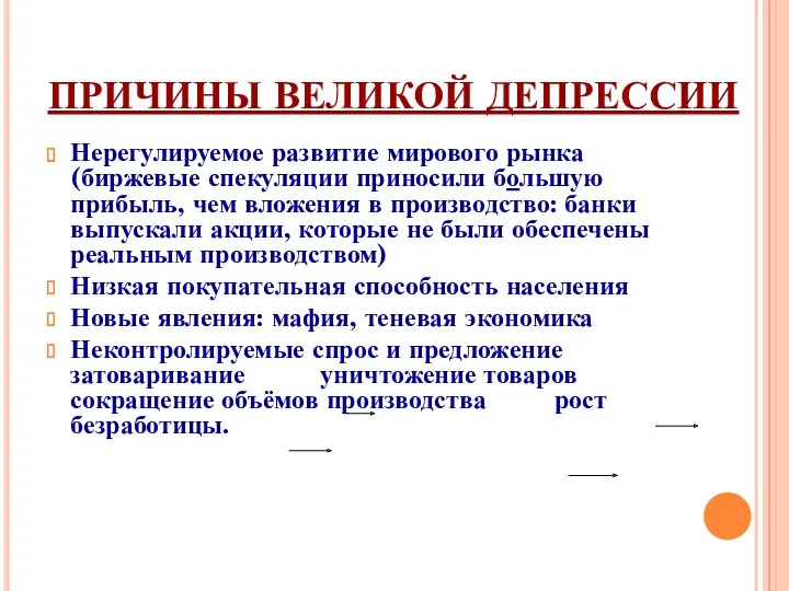 ПРИЧИНЫ ВЕЛИКОЙ ДЕПРЕССИИ Нерегулируемое развитие мирового рынка (биржевые спекуляции приносили