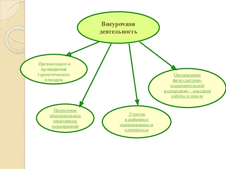 Проведение общешкольных спортивных мероприятий Организация и проведение туристических походов Участие