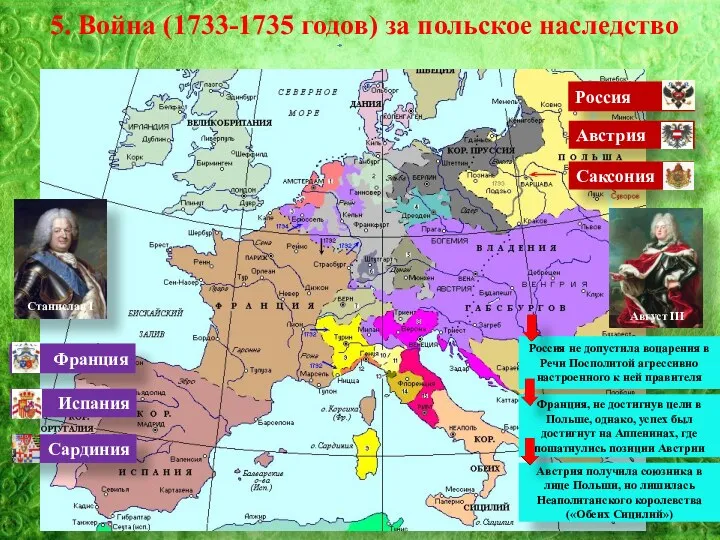 5. Война (1733-1735 годов) за польское наследство Россия Австрия Саксония