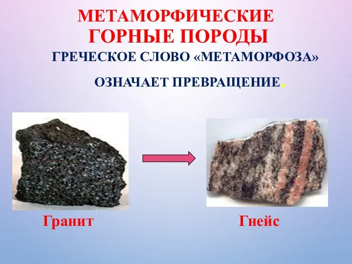 МЕТАМОРФИЧЕСКИЕ ГОРНЫЕ ПОРОДЫ ГРЕЧЕСКОЕ СЛОВО «МЕТАМОРФОЗА» ОЗНАЧАЕТ ПРЕВРАЩЕНИЕ. Гранит Гнейс