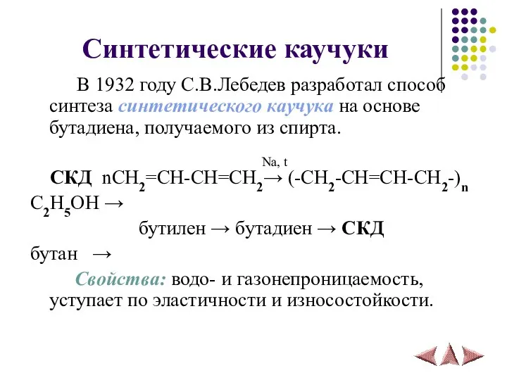 Синтетические каучуки В 1932 году С.В.Лебедев разработал способ синтеза синтетического