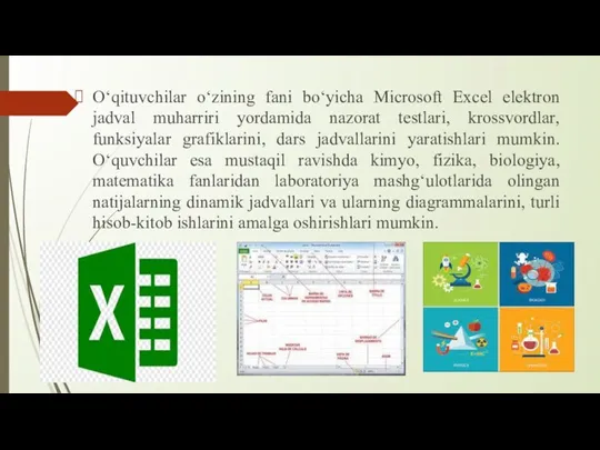O‘qituvchilar o‘zining fani bo‘yicha Microsoft Excel elektron jadval muharriri yordamida